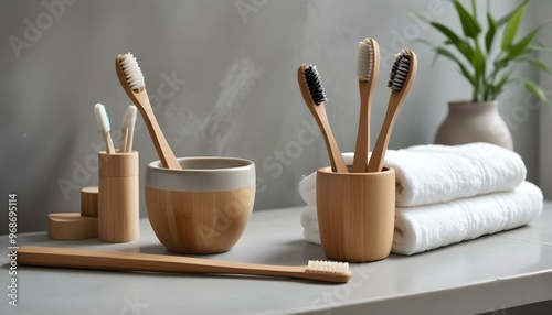 Eco toothbrushes. Bamboo toothbrushes cup, natural soap, plastic free ear sticks, wooden hair brush and white towels on gray stone background