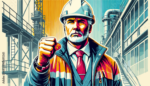 Confident and skilled construction site leader. Vector illustration.