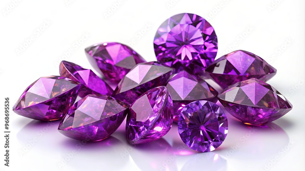 A stack of vibrant purple diamonds on a white background A stack of vibrant purple diamonds on a white background
