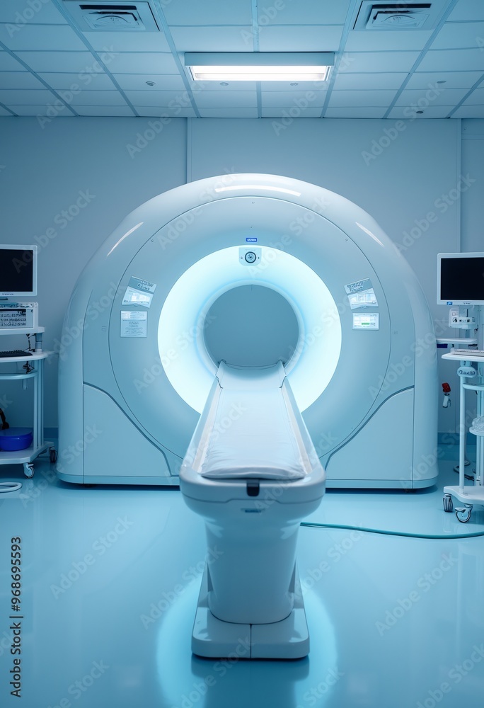 Advanced MRI or CT scan medical diagnosis machine at hospital lab, vertical orientation. Advanced MRI or CT scan medical diagnosis machine at hospital lab, vertical orientation.
