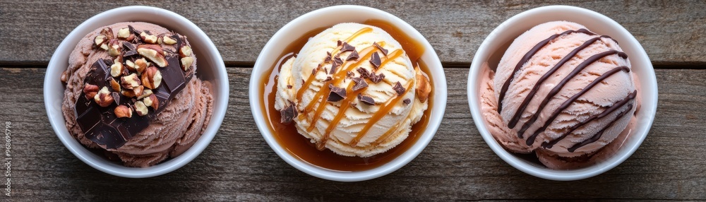 Delicious ice cream scoops in bowls featuring chocolate, vanilla, and strawberry flavors, perfect for summer desserts. Delicious ice cream scoops in bowls featuring chocolate, vanilla, and strawberry flavors, perfect for summer desserts.