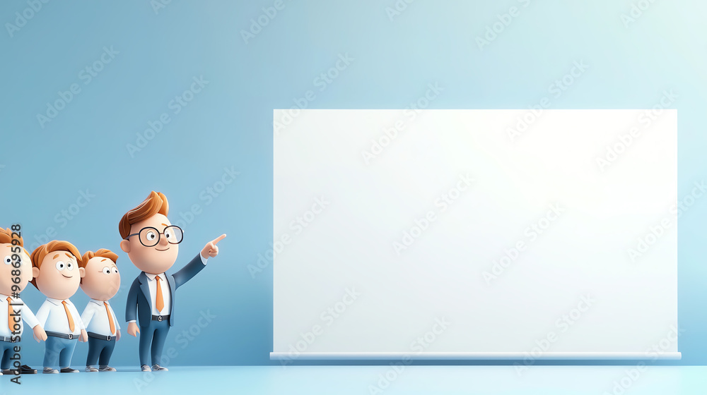 A group of cartoon businessmen presenting an empty board for ideas and discussions in a professional setting. A group of cartoon businessmen presenting an empty board for ideas and discussions in a professional setting.