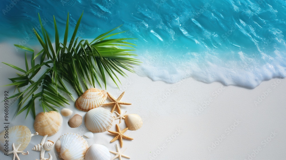 Obraz premium Top view of sandy beach with sea shells and starfish