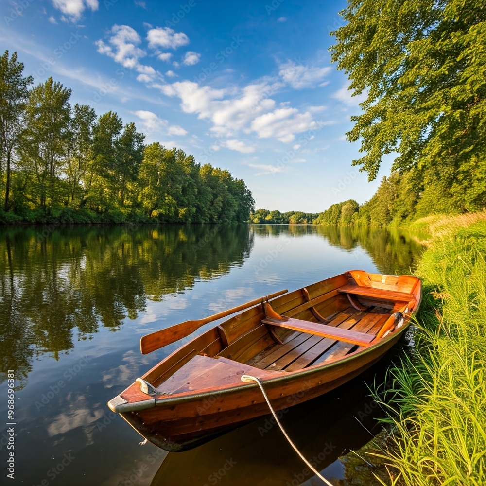 Tranquil Rowboat on a Serene River with Lush Green Foliage Tranquil Rowboat on a Serene River with Lush Green Foliage