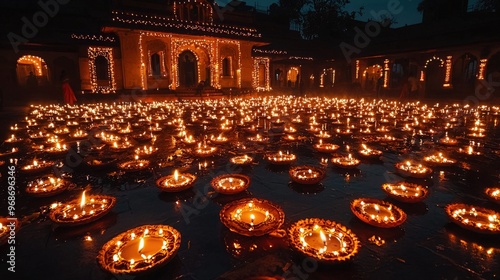 Hindu Festival of Lights homes illuminated, glowing Diwali lights, oil lamps and candles, warm festive ambiance, traditional decor, high-quality stock image concept photo