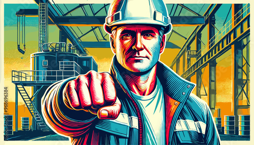 Confident and skilled construction site leader. Vector illustration.