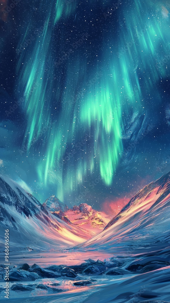 Obraz premium Illustration of Aurora Borealis over a snowy mountainous landscape at night