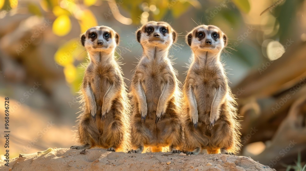 Fototapeta premium Three lemurs standing close together, likely siblings or a family unit.