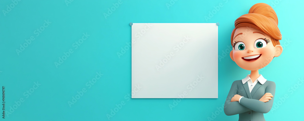 Cheerful animated character stands by a blank white board on a blue background, ready to present ideas and information. Cheerful animated character stands by a blank white board on a blue background, ready to present ideas and information.