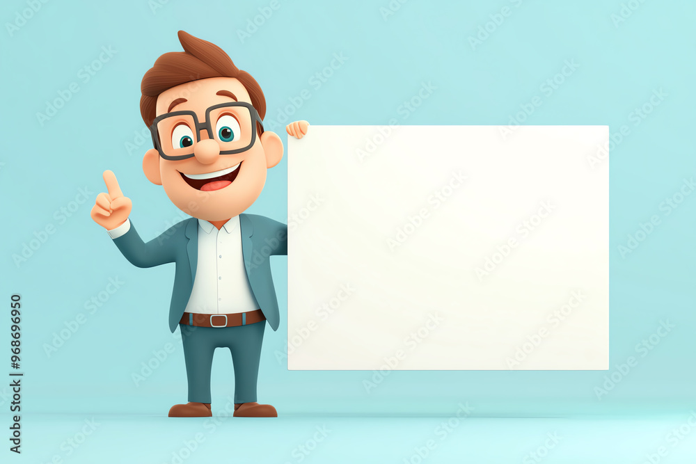 Cheerful businessman character holding a blank sign, ready for communication or advertisement, against a light blue background. Cheerful businessman character holding a blank sign, ready for communication or advertisement, against a light blue background.