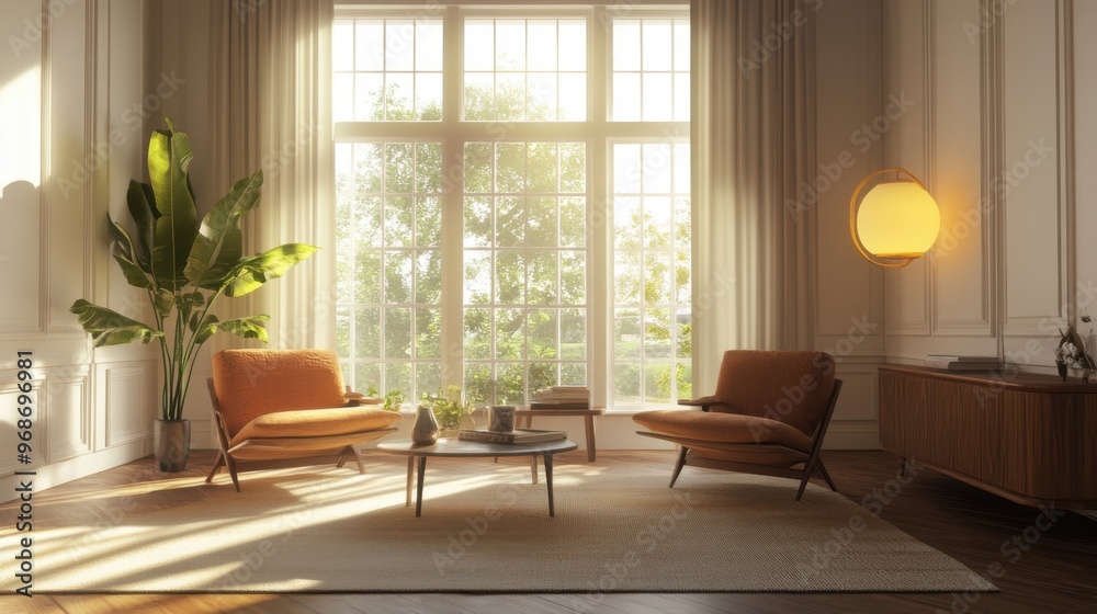Fototapeta premium A modern minimalist interior design of a comfortable living room. Warm lighting creates a relaxing feeling while relaxing at home.