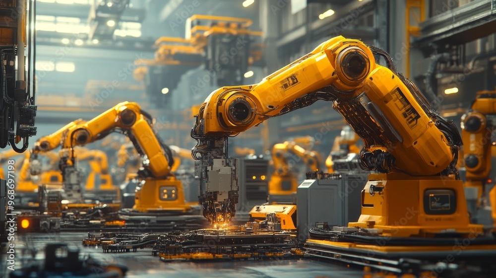 AI-Controlled Smart Factories with Autonomous Quality Control: Robots working in a factory while AI monitors production quality and efficiency. AI-Controlled Smart Factories with Autonomous Quality Control: Robots working in a factory while AI monitors production quality and efficiency.