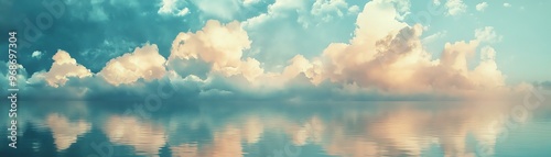 Tranquil landscape featuring soft clouds reflected in serene water, creating a peaceful atmosphere for nature lovers.