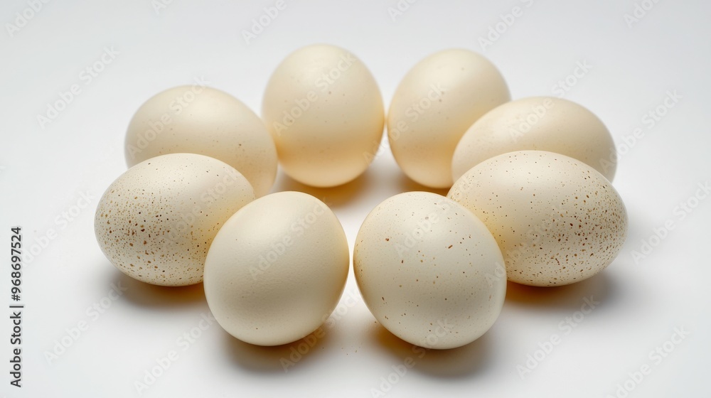 Six duck eggs arranged in a circle, isolated on a white surface, Six duck eggs arranged in a circle, isolated on a white surface,