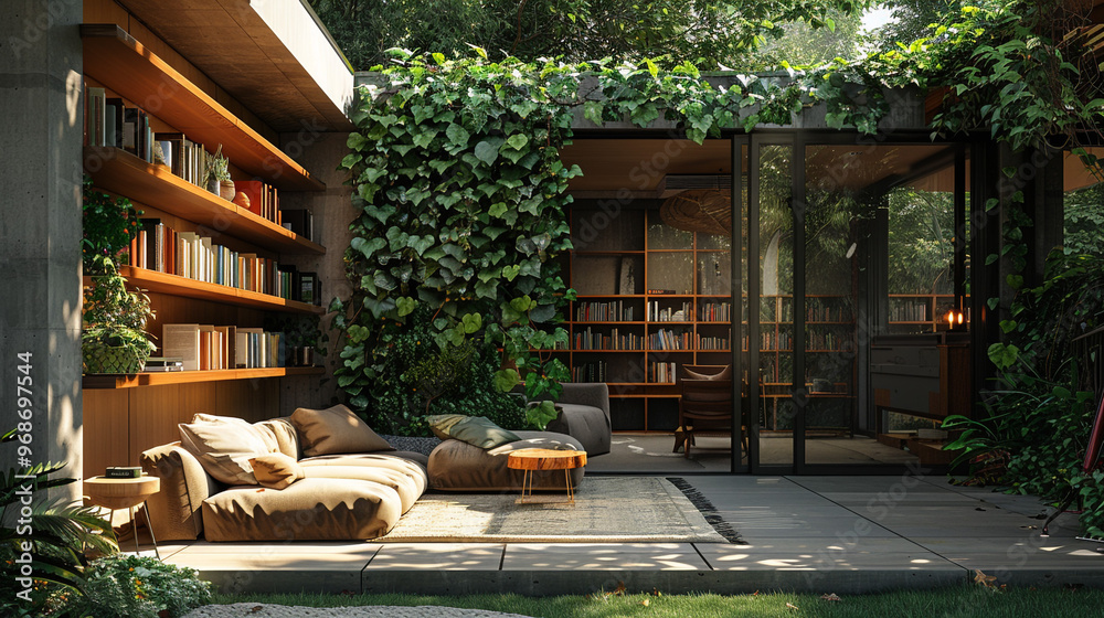 A cozy outdoor reading nook with a built-in bench, soft cushions, and a small side table. A cozy outdoor reading nook with a built-in bench, soft cushions, and a small side table.