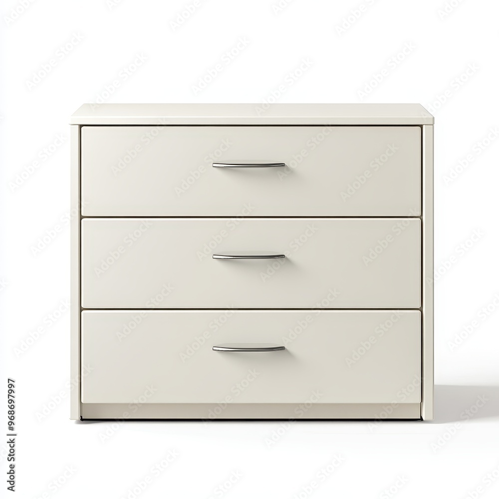 A modern, minimalistic three-drawer dresser in a light color. A modern, minimalistic three-drawer dresser in a light color.