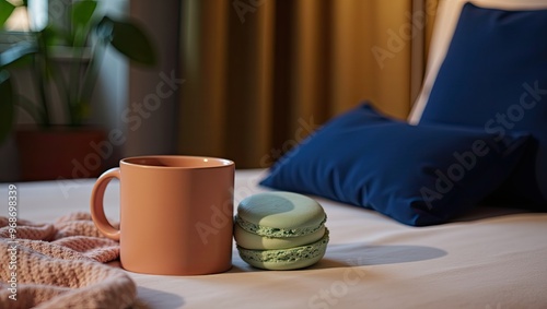 Pink Mug  Green Macarons  an Cozy Blanket on Be photo