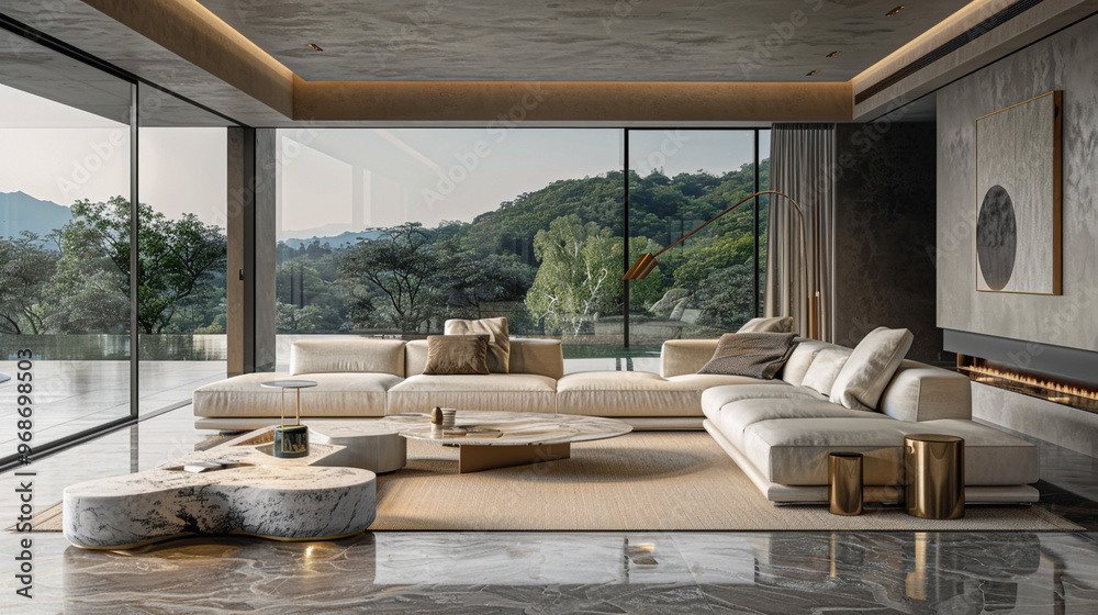 A luxurious mid-century modern living room with a large corner sofa, marble-top coffee table, minimalist fireplace, and panoramic windows overlooking a serene landscape. A luxurious mid-century modern living room with a large corner sofa, marble-top coffee table, minimalist fireplace, and panoramic windows overlooking a serene landscape.