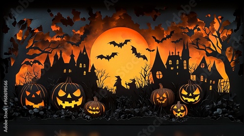 3D hallowween pumpkin Use black paper to cut out detailed silhouettes of classic Halloween symbols like jack-o'-lanterns, witches, bats, ghosts, and skeleton