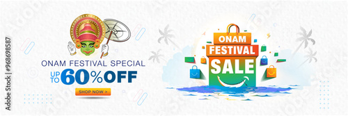 Festive background of Kerala onam and snake boat with Onam festival sale, offer, shopping deals discount up to 60% off concept. photo