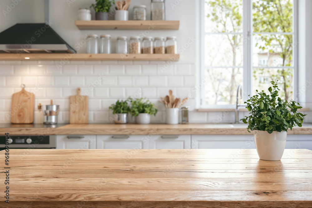 Empty wooden tabletop with a blurred kitchen background, perfect for product placement. High quality photo Empty wooden tabletop with a blurred kitchen background, perfect for product placement. High quality photo