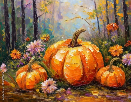Halloween pumpkins in an autumn forest, magical artwork for post cards and wallpapers