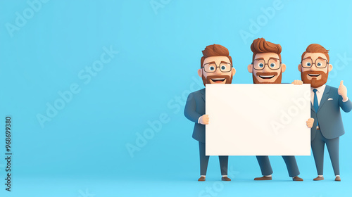 Three cheerful businessmen in suits holding a blank sign on a blue background. Perfect for marketing and advertising use.