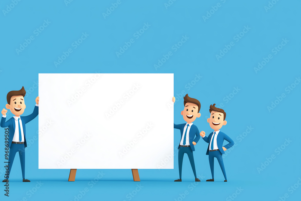 Three cheerful characters present a blank canvas, perfect for showcasing ideas and creative projects in a professional setting. Three cheerful characters present a blank canvas, perfect for showcasing ideas and creative projects in a professional setting.