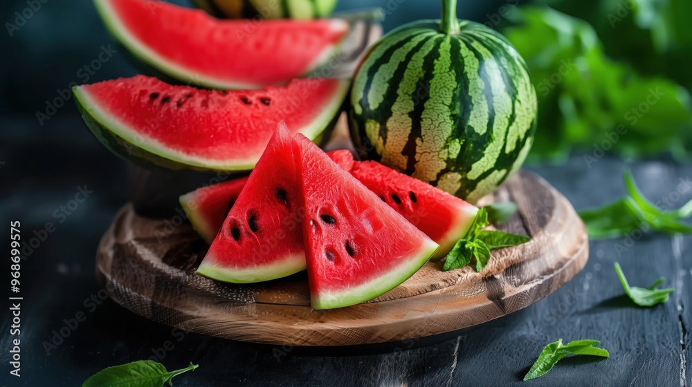Watermelon and slices isolated on a wooden board Watermelon and slices isolated on a wooden board