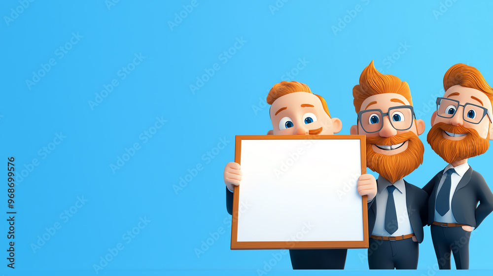 Three cheerful cartoon characters with beards hold a blank sign against a bright blue background, ideal for advertising or promotion. Three cheerful cartoon characters with beards hold a blank sign against a bright blue background, ideal for advertising or promotion.