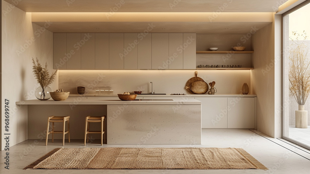 A minimalist kitchen with sleek cabinetry, a clean countertop, and a soft wool rug in front of the sink. 