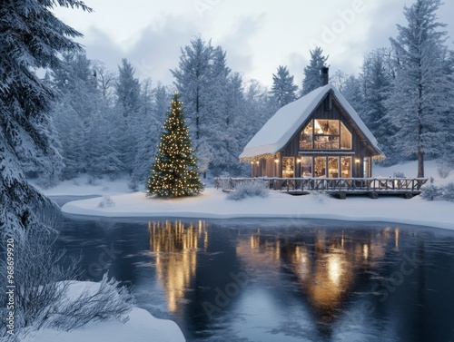 Illuminated Christmas Cabin with Snowy Forest and Frozen Lake