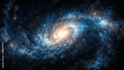 Spiral galaxy with a bright center is shining across the vast expanse of deep space. High quality photo