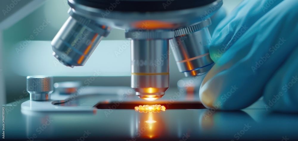 Close-up of a microscope in a laboratory, showcasing advanced optics and a glowing sample under examination. Close-up of a microscope in a laboratory, showcasing advanced optics and a glowing sample under examination.