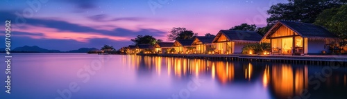 Tranquil sunset over water bungalows reflecting warm lights, creating a serene atmosphere for relaxation and escape.