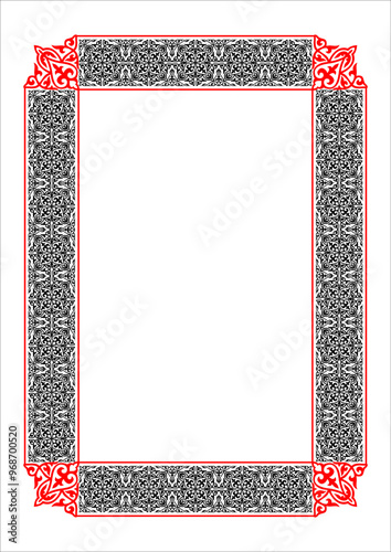 Black and Red rectangular Vertical Islamic Asian Kazakh national ornament award frame. A4 format. Kazakh pattern frame, border, decorative ornament of the Kazakh, Kyrgyz, Mongol, Tatar, Uzbek