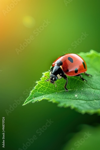 Close-up of a vibrant ladybug on a green leaf, showcasing its bright red shell with black spots, against a soft blurred background.