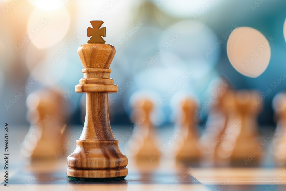 Close-up of a wooden chess king piece on a blurred chessboard, symbolizing strategy, competition, and intelligence in gameplay. Close-up of a wooden chess king piece on a blurred chessboard, symbolizing strategy, competition, and intelligence in gameplay.