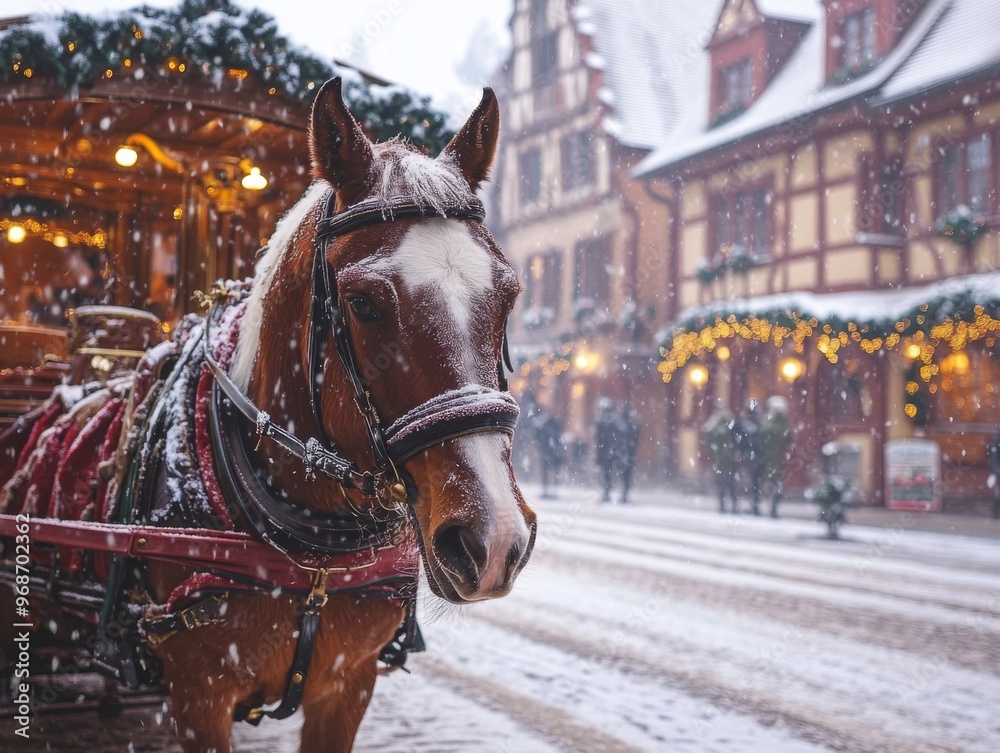 Horse-drawn Carriage in Snowy European Village Horse-drawn Carriage in Snowy European Village