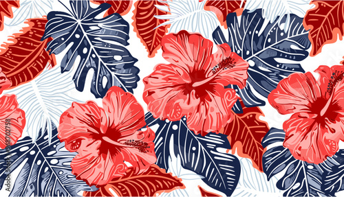 Tropical leaves and hibiscus flowers tribal tattoo background, grunge Hawaiian style hibiscus with tribal background, seamless pattern, hibiscus florals background, tropical floral decor