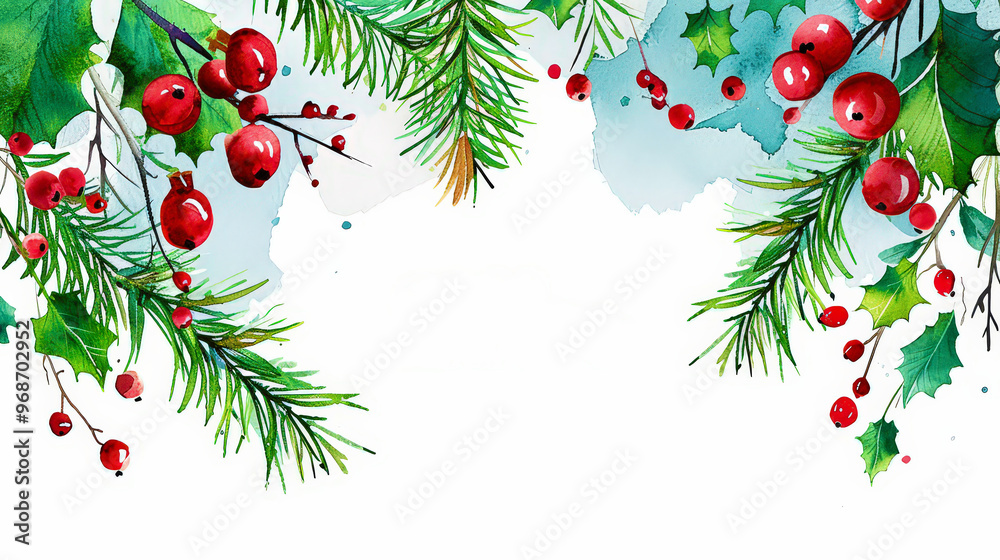Frame with text and Christmas decoration - Holly leaves, Christmas tree with cones and stars on light background. Frame with text and Christmas decoration - Holly leaves, Christmas tree with cones and stars on light background.