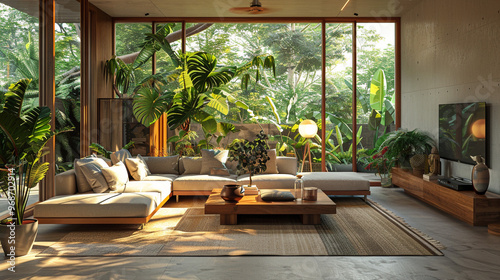 A sustainable living room featuring a reclaimed wood coffee table, a sofa upholstered in organic cotton, and a rug made from recycled materials.  photo