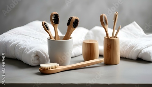 Eco toothbrushes. Bamboo toothbrushes cup, natural soap, plastic free ear sticks, wooden hair brush and white towels on gray stone background