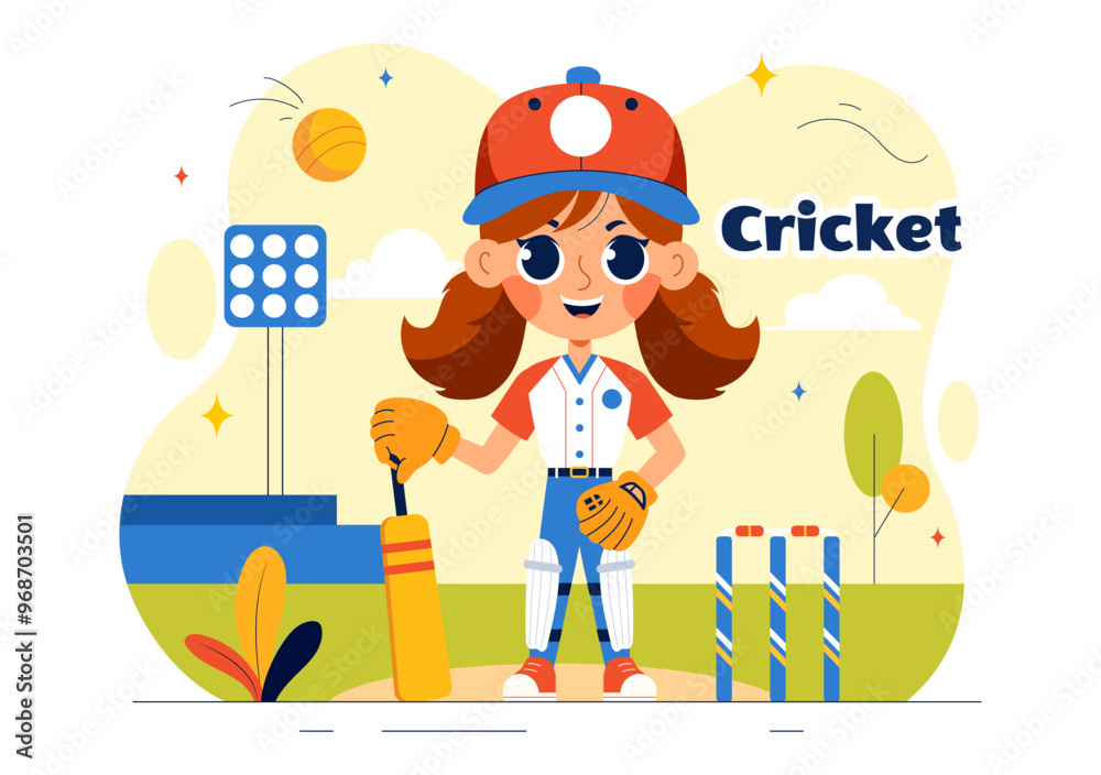 Fototapeta premium Batsman Playing Cricket Vector Illustration with Bat and Ball on the Field for Championship Tournament League In a Flat Style Cartoon Background