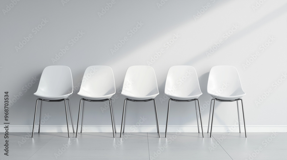 white chairs and table, A white chairs with curved backs and metal legs, aligned perfectly in a conference room against a light gray wall, with subtle shadows enhancing the modern white chairs and table, A white chairs with curved backs and metal legs, aligned perfectly in a conference room against a light gray wall, with subtle shadows enhancing the modern