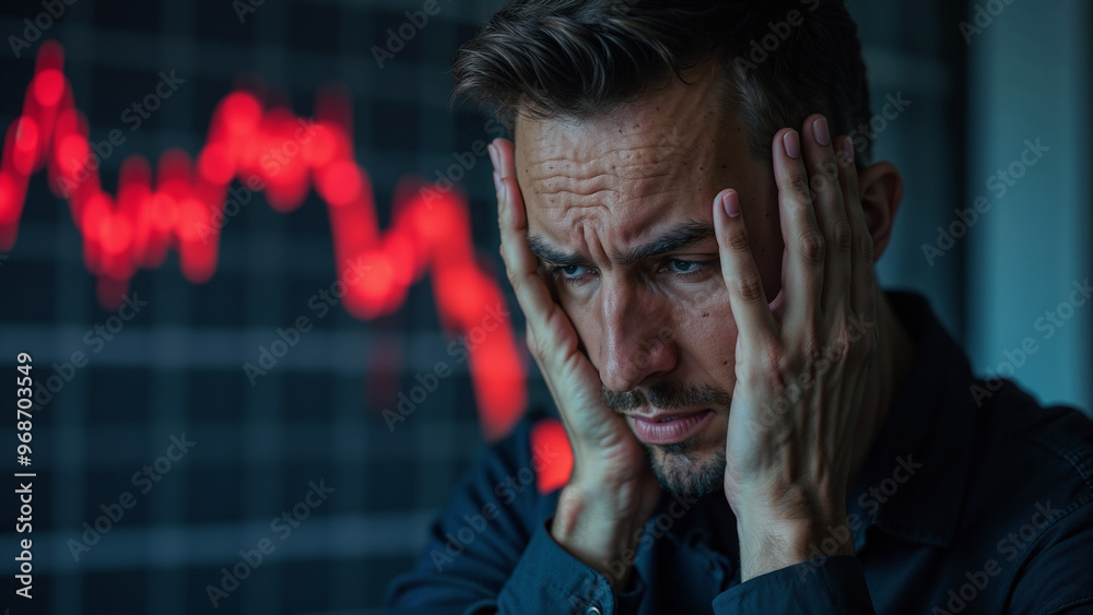 Upset man holding head with hands, emotions of loss, stock market Upset man holding head with hands, emotions of loss, stock market