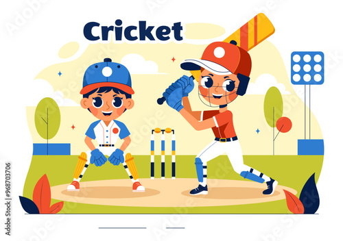 Batsman Playing Cricket Vector Illustration with Bat and Ball on the Field for Championship Tournament League In a Flat Style Cartoon Background