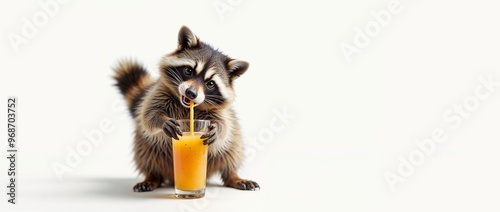 Raccoon drinking orange juice on white isolated background, advertising banner, mockup photo