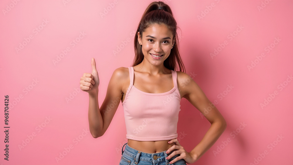 Cute girl showing thumbs up, you in bra on pink background Cute girl showing thumbs up, you in bra on pink background