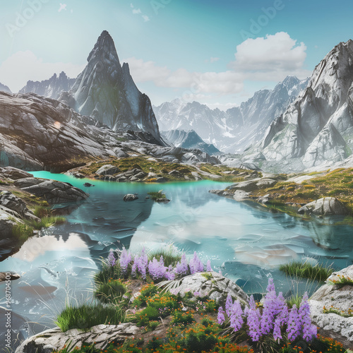 High-Altitude Mountain Lake with Crystal-Clear Turquoise Water, Surrounded by Blooming Alpine Flowers and Jagged Rocky Peaks in 8K Detail photo